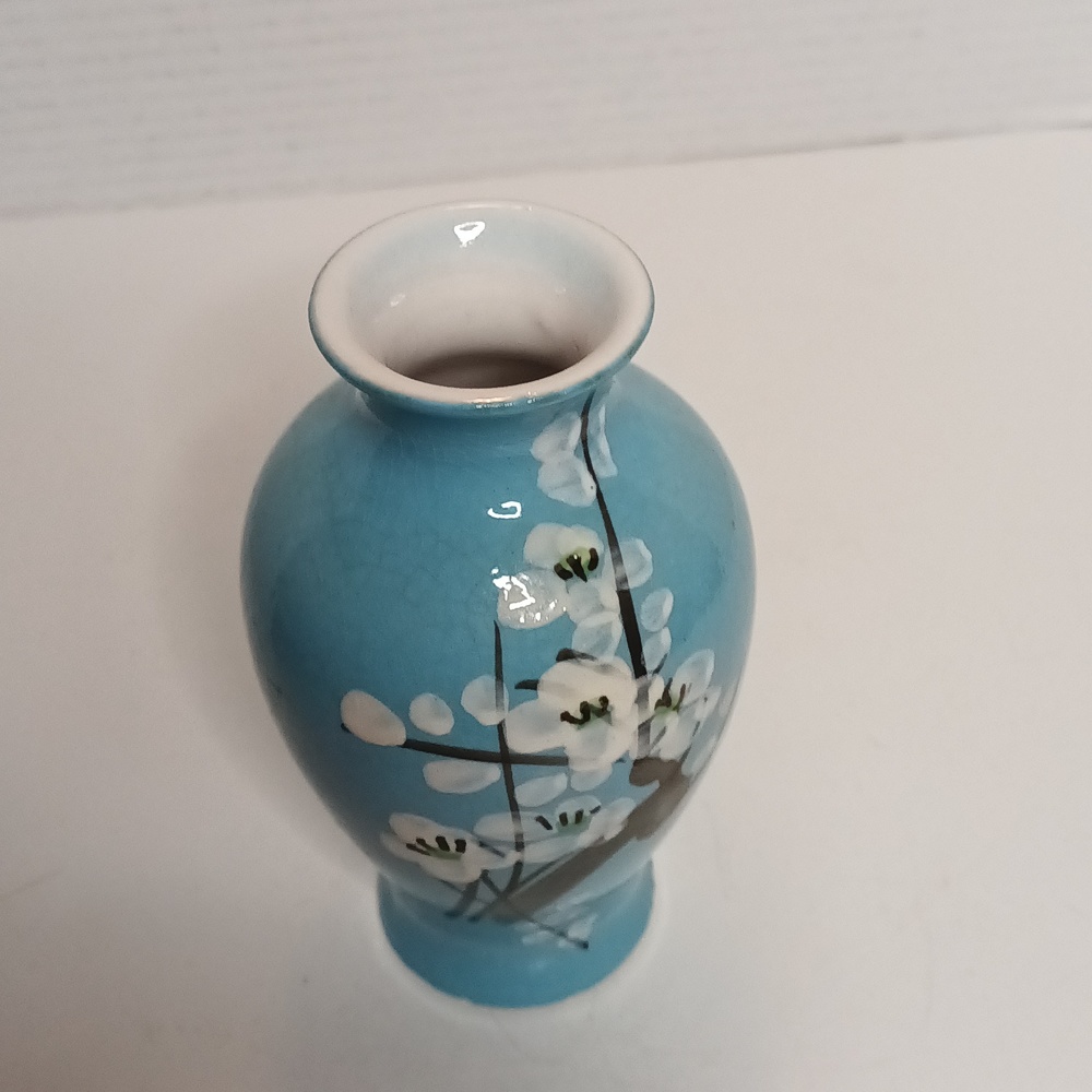 Vintage Hand Painted Cherry Blossom Branch Vase 6" Blue Ceramic Bohemian